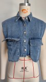 Women's Classic Denim Vest Button Down Sleeveless Cropped Jean Jacket