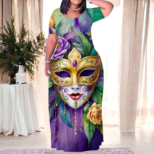 1 Piece Custom Casual Print Short Sleeve Plus Size Long Dress
