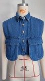 Women's Classic Denim Vest Button Down Sleeveless Cropped Jean Jacket