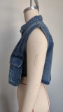 Women's Classic Denim Vest Button Down Sleeveless Cropped Jean Jacket