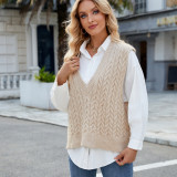 Women's V Neck Solid Pullover Sweater Vest Sleeveless Cable Knit Tank Top