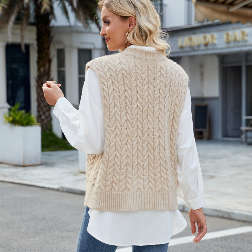 Women's V Neck Solid Pullover Sweater Vest Sleeveless Cable Knit Tank Top