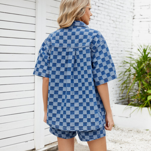 Women's Denim 2 Piece Outfits Plaid Jean Shorts High Waisted Shorts Set
