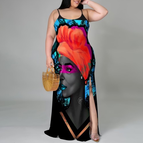 1 Piece Custom Casual Print Straps Plus Size Long Dress
