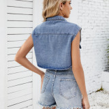 Women's Classic Denim Vest Button Down Sleeveless Cropped Jean Jacket