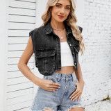 Women's Classic Denim Vest Button Down Sleeveless Cropped Jean Jacket
