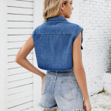 Women's Classic Denim Vest Button Down Sleeveless Cropped Jean Jacket