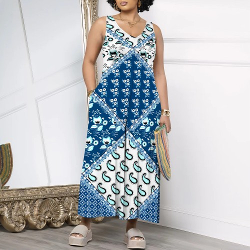 1 Piece Custom Casual Print Sleeveless V Neck Maxi Dress