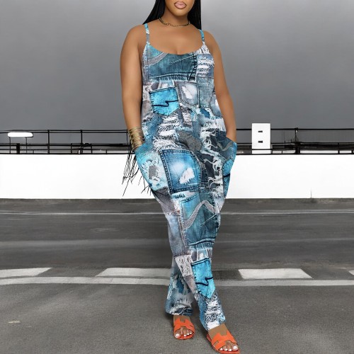 1 Piece Custom Casual Print Straps One Piece Jumpsuits