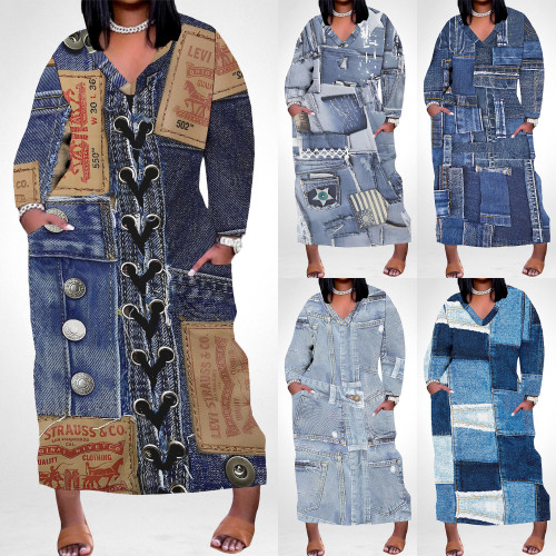 1 Piece Custom Casual Print Long Sleeve V Neck Plus Size Long Dress