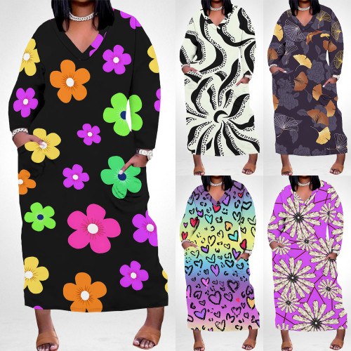1 Piece Custom Casual Print Long Sleeve V Neck Plus Size Long Dress