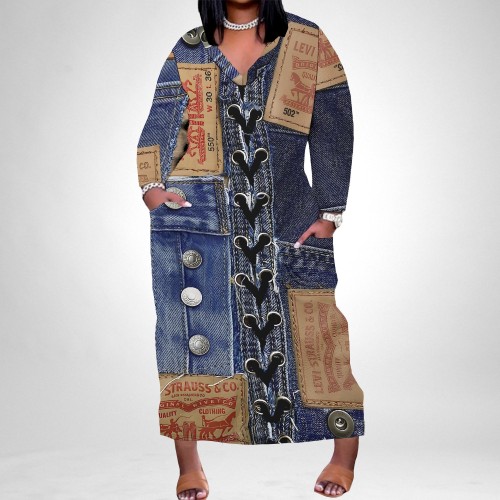 1 Piece Custom Casual Print Long Sleeve V Neck Plus Size Long Dress