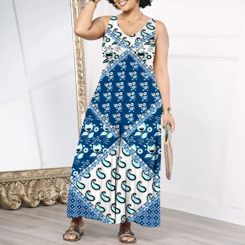1 Piece Custom Casual Print Sleeveless V Neck Maxi Dress
