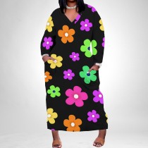 1 Piece Custom Casual Print Long Sleeve V Neck Plus Size Long Dress