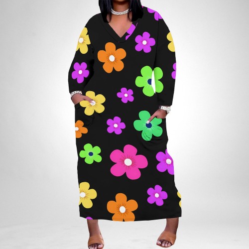 1 Piece Custom Casual Print Long Sleeve V Neck Plus Size Long Dress
