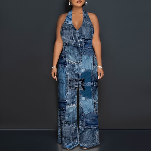 1 Piece Custom Casual Print Backless Halter One Piece Jumpsuits