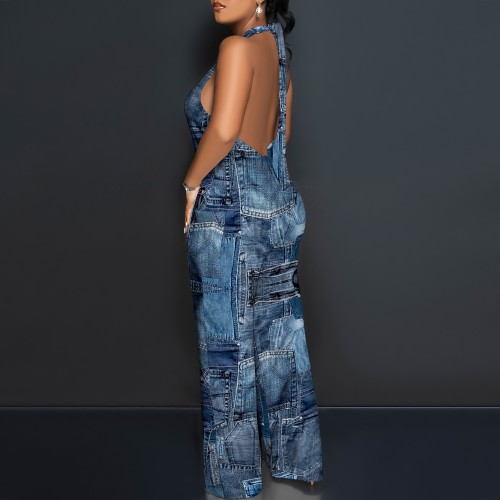 1 Piece Custom Casual Print Backless Halter One Piece Jumpsuits