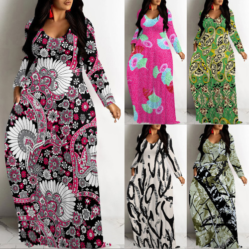 1 Piece Custom Casual Print V Neck Maxi Dresses