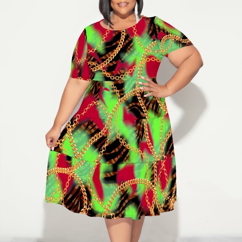 1 Piece Custom Casual Print Short Sleeve Plus Size Midi Dress