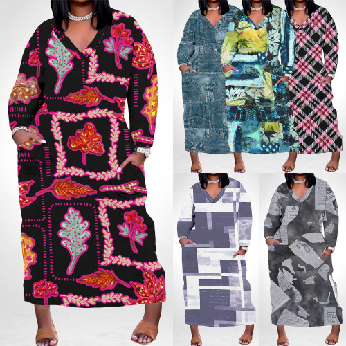 1 Piece Custom Casual Print Long Sleeve Plus Size Maxi Dress