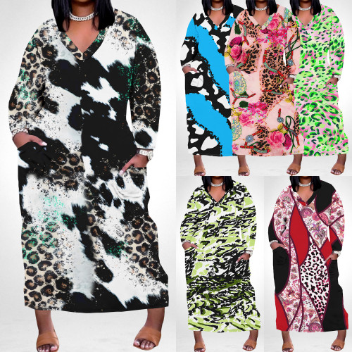 1 Piece Custom Casual Print Long Sleeve Plus Size Maxi Dress