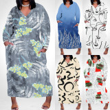 1 Piece Custom Casual Print Long Sleeve Plus Size Maxi Dress