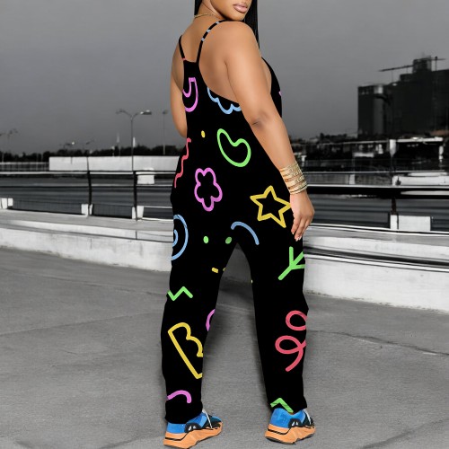 1 Piece Custom Casual Print Straps One Piece Jumpsuits with Pocket