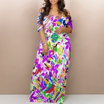 1 Piece Custom Casual Print Off Shoulder Long Dress