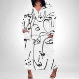 1 Piece Custom Casual Print Long Sleeve Plus Size Maxi Dress