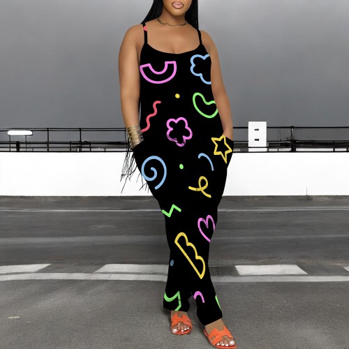 1 Piece Custom Casual Print Straps One Piece Jumpsuits with Pocket