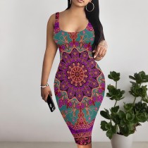 1 Piece Custom Casual Print U Neck Sleeveless Midi Dress