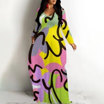 1 Custom Casual Print Long Sleeve V Neck Maxi Dress