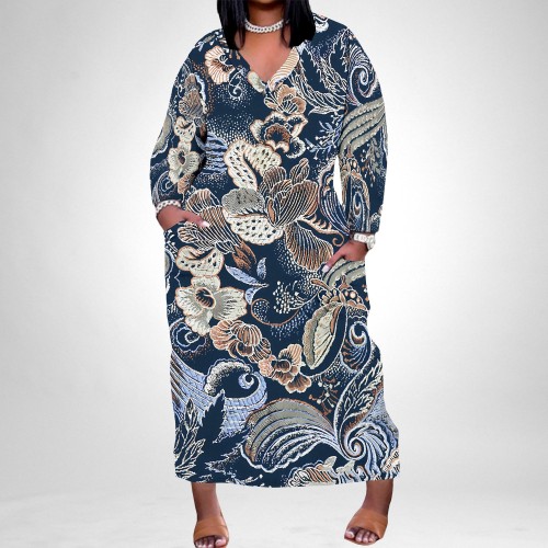 1 Custom Casual Print Plus Size Long Dresses with Pockets