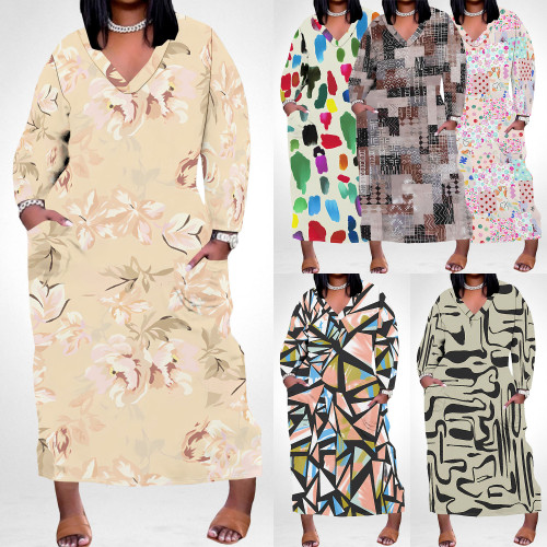 1 Custom Casual Print Plus Size Long Dresses with Pockets