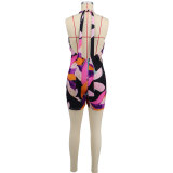 Womens Sexy Sleeveless Halter Printed Bodycon Shorts Party Clubwear Rompers