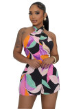 Womens Sexy Sleeveless Halter Printed Bodycon Shorts Party Clubwear Rompers