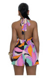 Womens Sexy Sleeveless Halter Printed Bodycon Shorts Party Clubwear Rompers