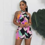 Womens Sexy Sleeveless Halter Printed Bodycon Shorts Party Clubwear Rompers