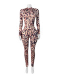Sexy Leopard Zipper Print Knit Jumpsuit