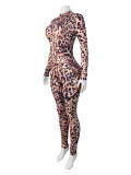 Sexy Leopard Zipper Print Knit Jumpsuit