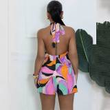 Womens Sexy Sleeveless Halter Printed Bodycon Shorts Party Clubwear Rompers