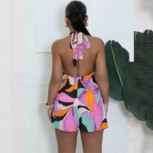Womens Sexy Sleeveless Halter Printed Bodycon Shorts Party Clubwear Rompers