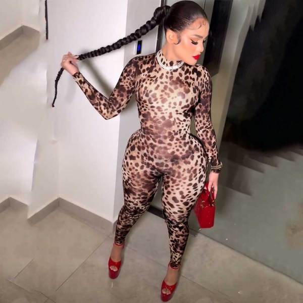 Sexy Leopard Zipper Print Knit Jumpsuit