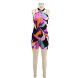 Womens Sexy Sleeveless Halter Printed Bodycon Shorts Party Clubwear Rompers