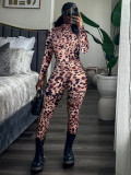 Sexy Leopard Zipper Print Knit Jumpsuit