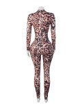 Sexy Leopard Zipper Print Knit Jumpsuit