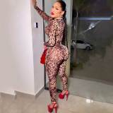 Sexy Leopard Zipper Print Knit Jumpsuit