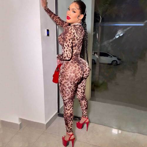 Sexy Leopard Zipper Print Knit Jumpsuit