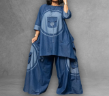 Plus Size Two-Piece Boho Imitation Denim Set Women