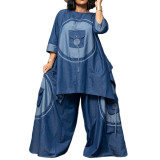 Plus Size Two-Piece Boho Imitation Denim Set Women